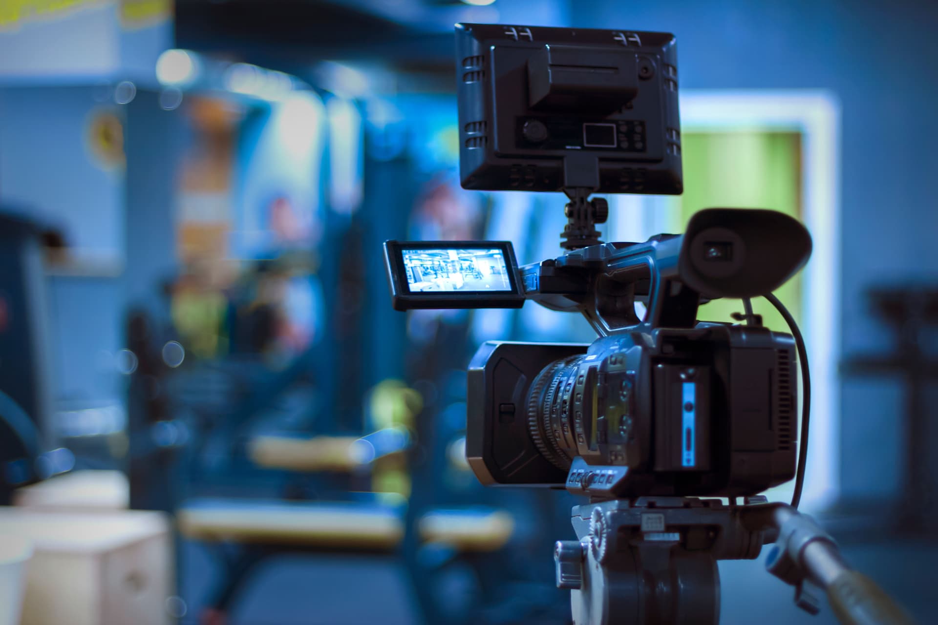 Professional video camera set up in a studio recording environment, representing high-quality video production for marketing and advertising.