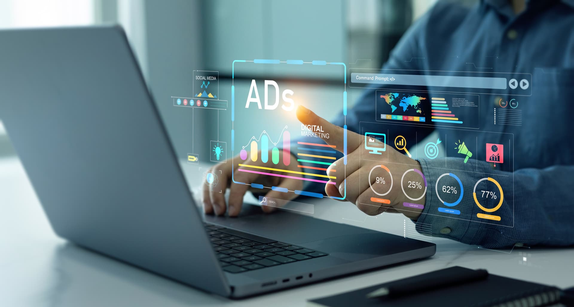 Person working on a laptop with digital advertising analytics and charts projected on screen, showing metrics like engagement rates, conversions, and ad performance.