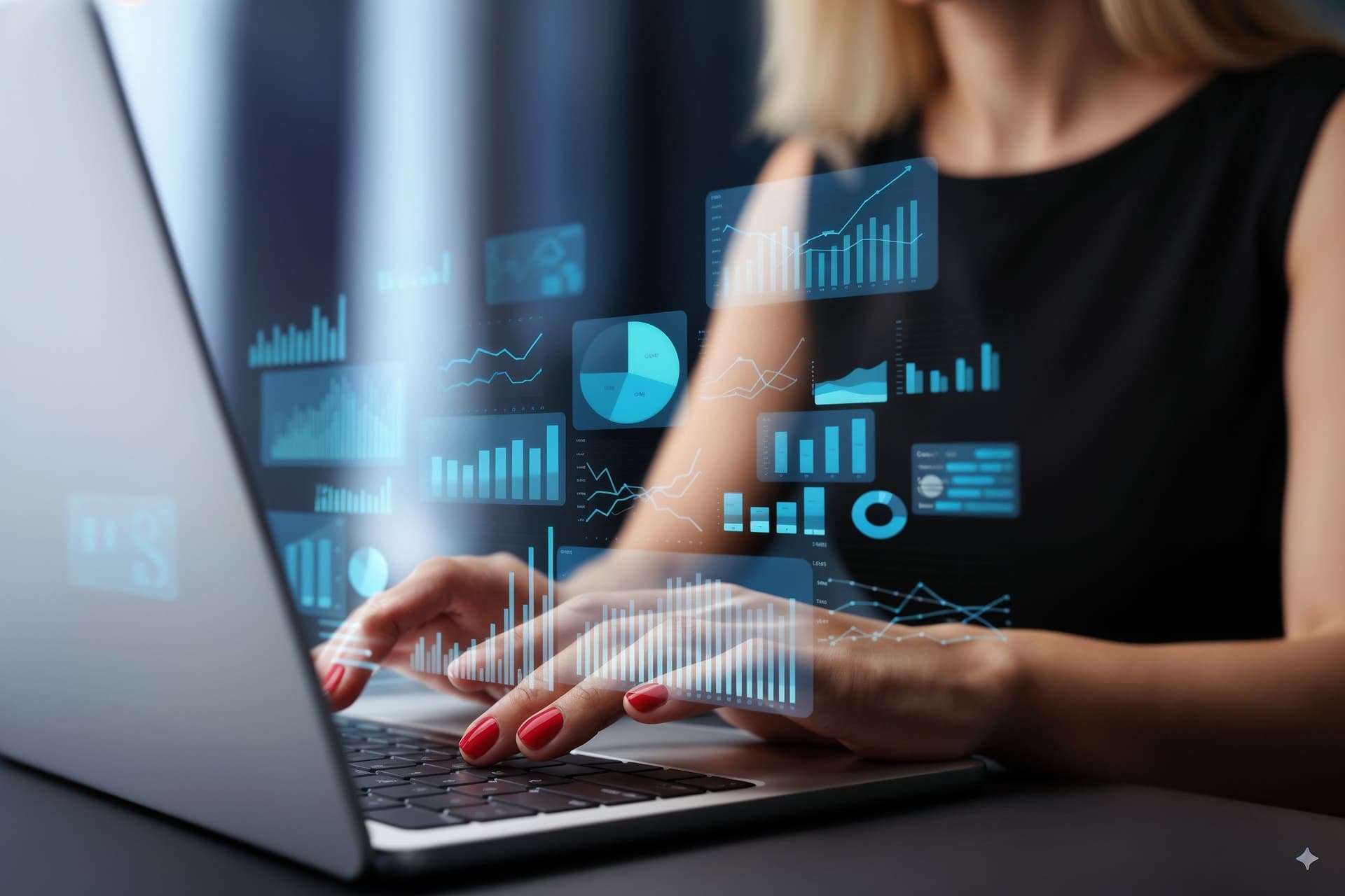 Business woman working on laptop with digital data charts and analytics dashboard overlay, representing business intelligence, data analysis, financial reports, and modern technology solutions.
