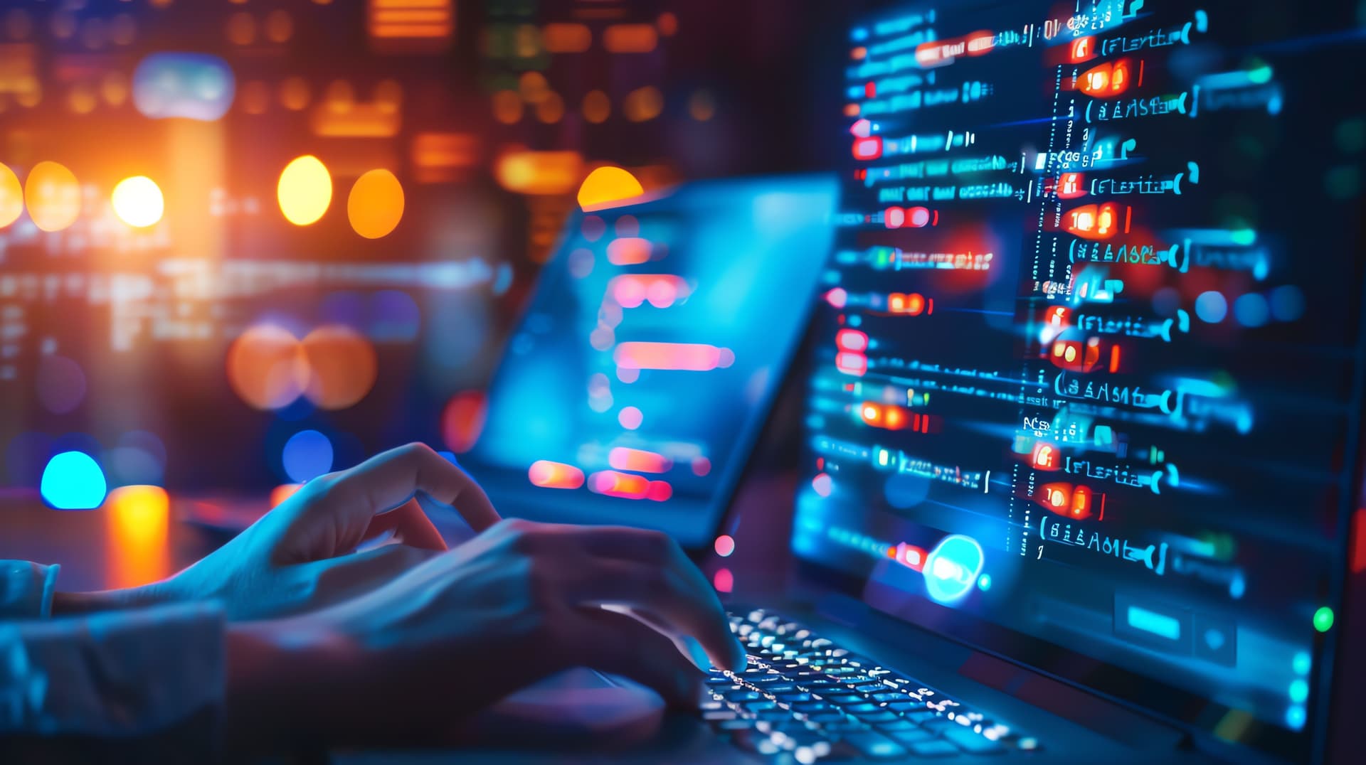Hands typing on a laptop with colorful lines of code on the screen, representing modern web development in a high-tech environment.