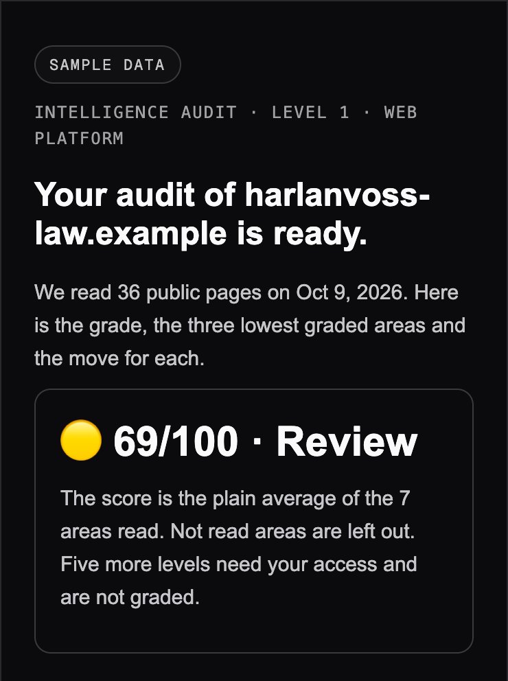 Sample data: the fictional firm’s emailed Intelligence Audit, from its heading through the score.
