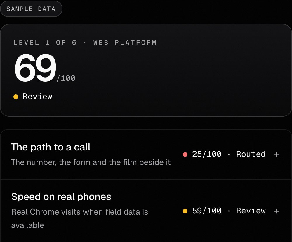 Sample data: a fictional firm’s web platform score, band and two graded areas.
