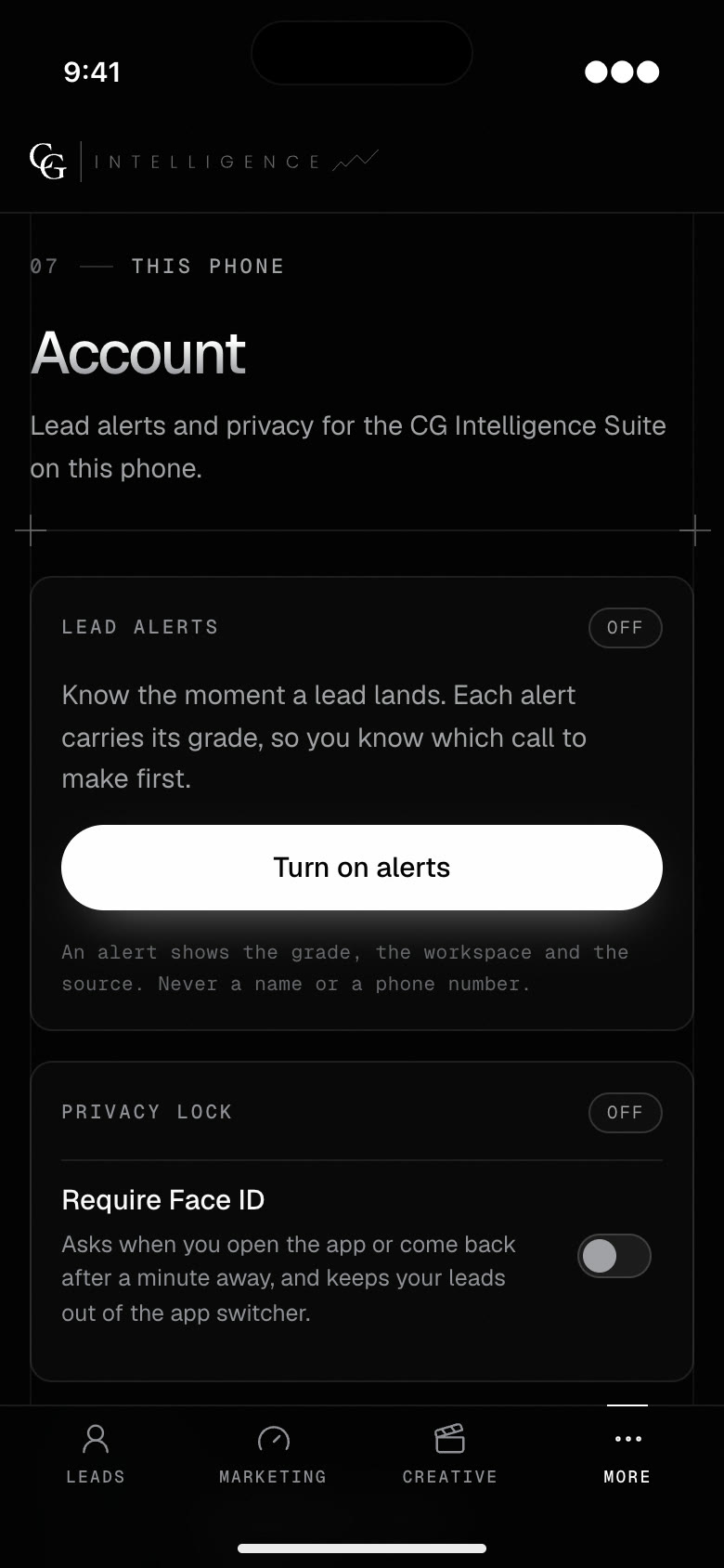 The app’s Account screen in review mode with sample data: lead alerts and the privacy lock, both off, with the button to turn alerts on.