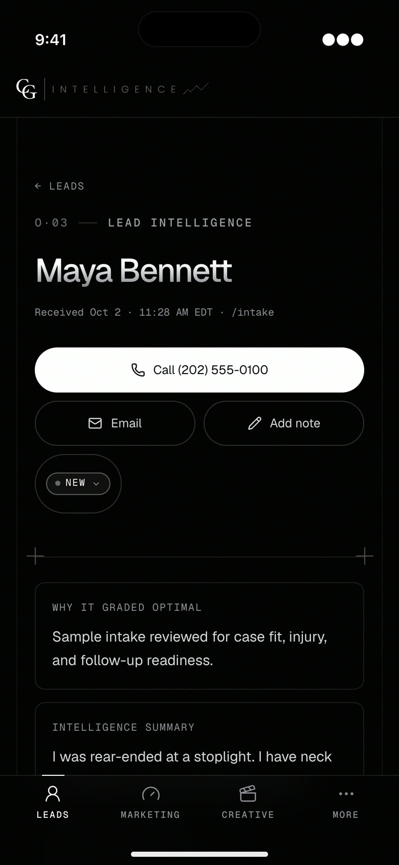 The app’s lead screen in review mode with sample data: a sample lead’s name, a call button, and why it was graded Optimal.