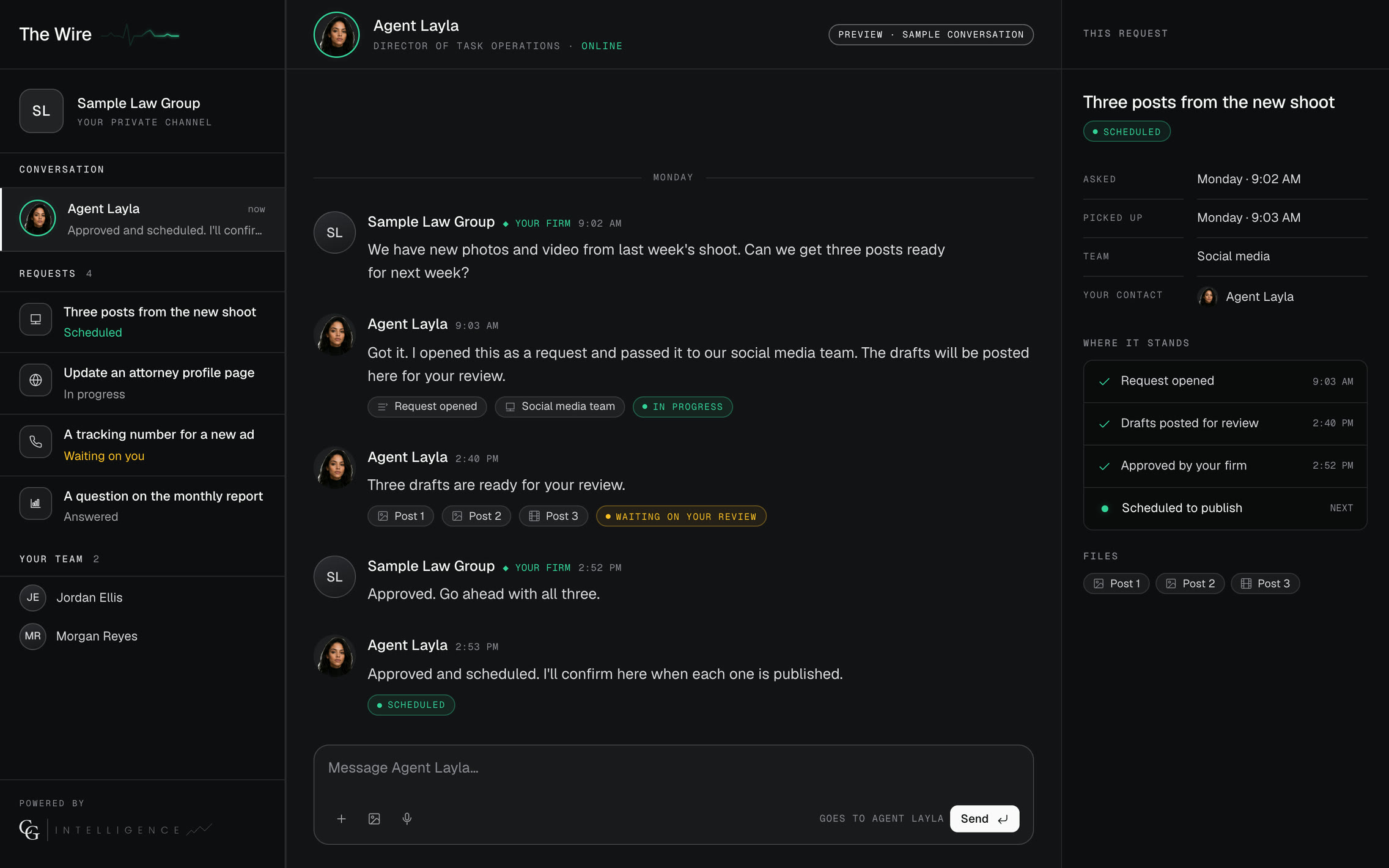 Design preview of a client firm's private channel on the Wire: its requests on the left, a sample conversation with Agent Layla in the middle, and where one request stands on the right.