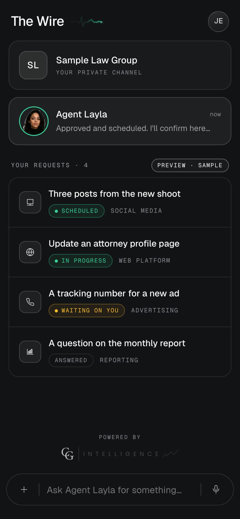 Design preview of the Requests view on a phone: a client firm's requests, each with its status.